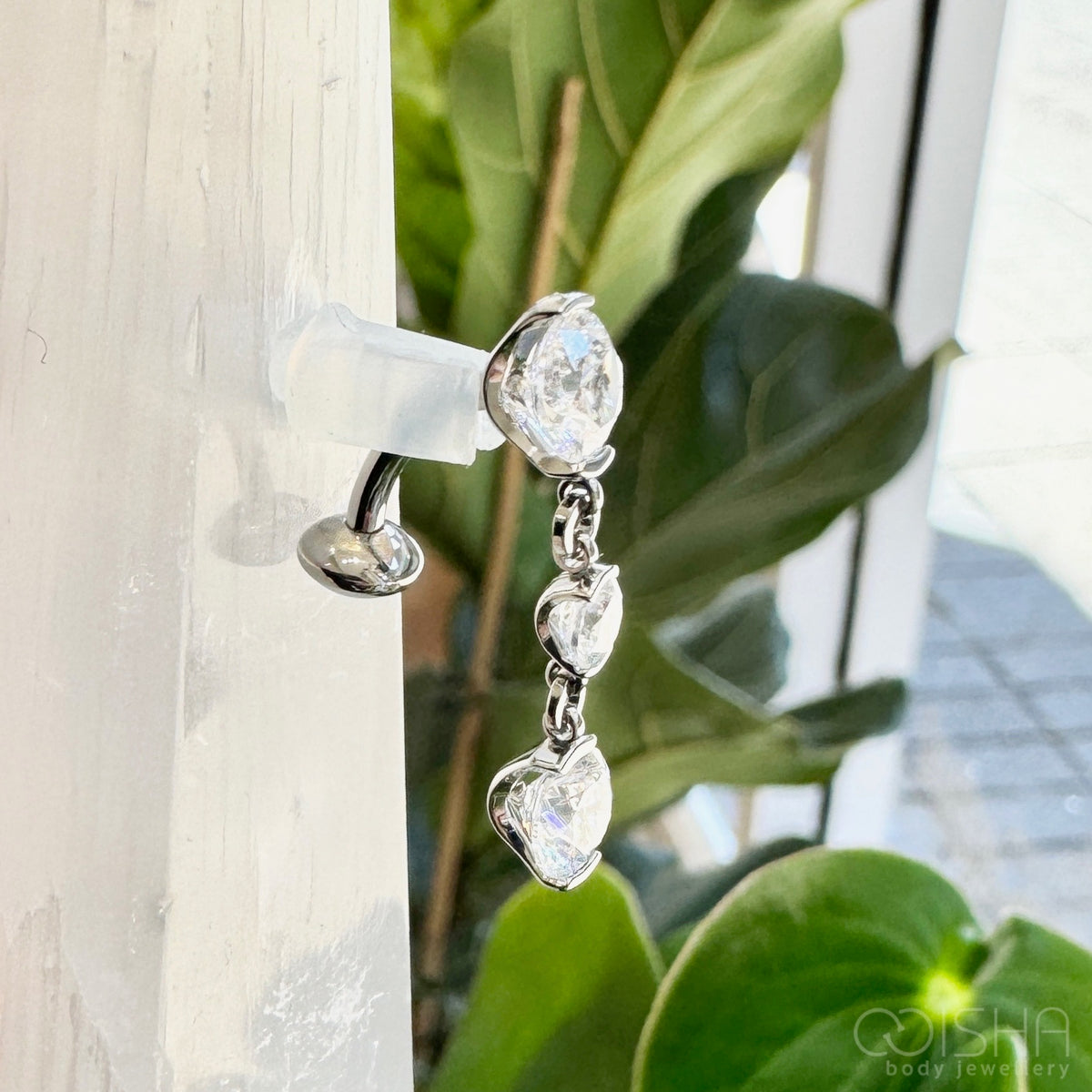 Industrial Strength Titanium Triple CZ Dangle Curved Barbell