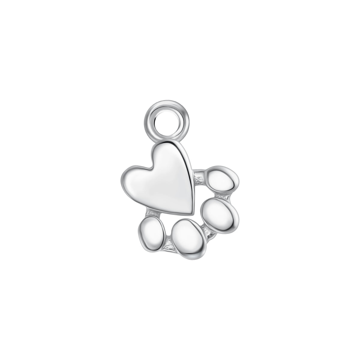 Silver pendant with a heart and paw prints on a white background