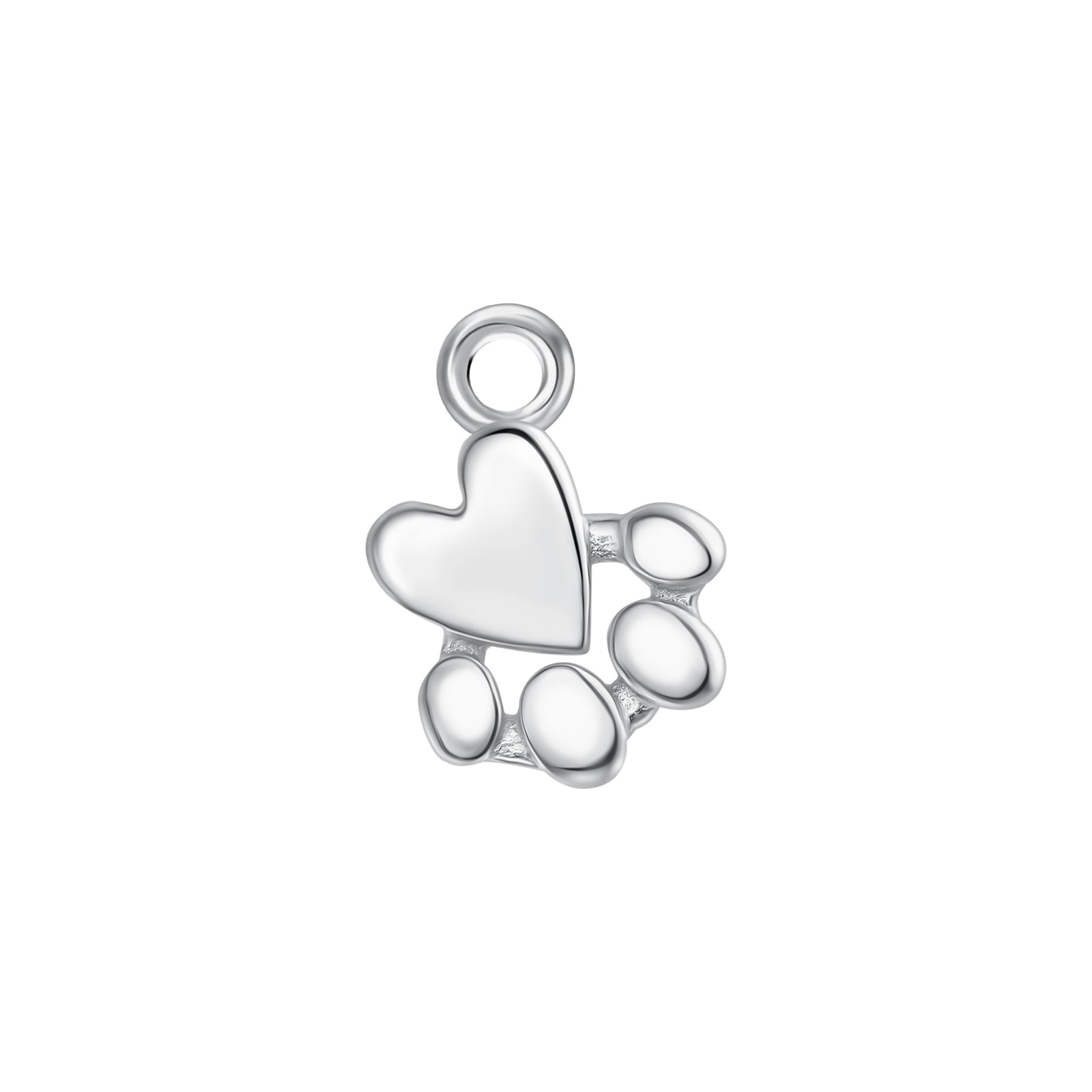 Silver pendant with a heart and paw prints on a white background
