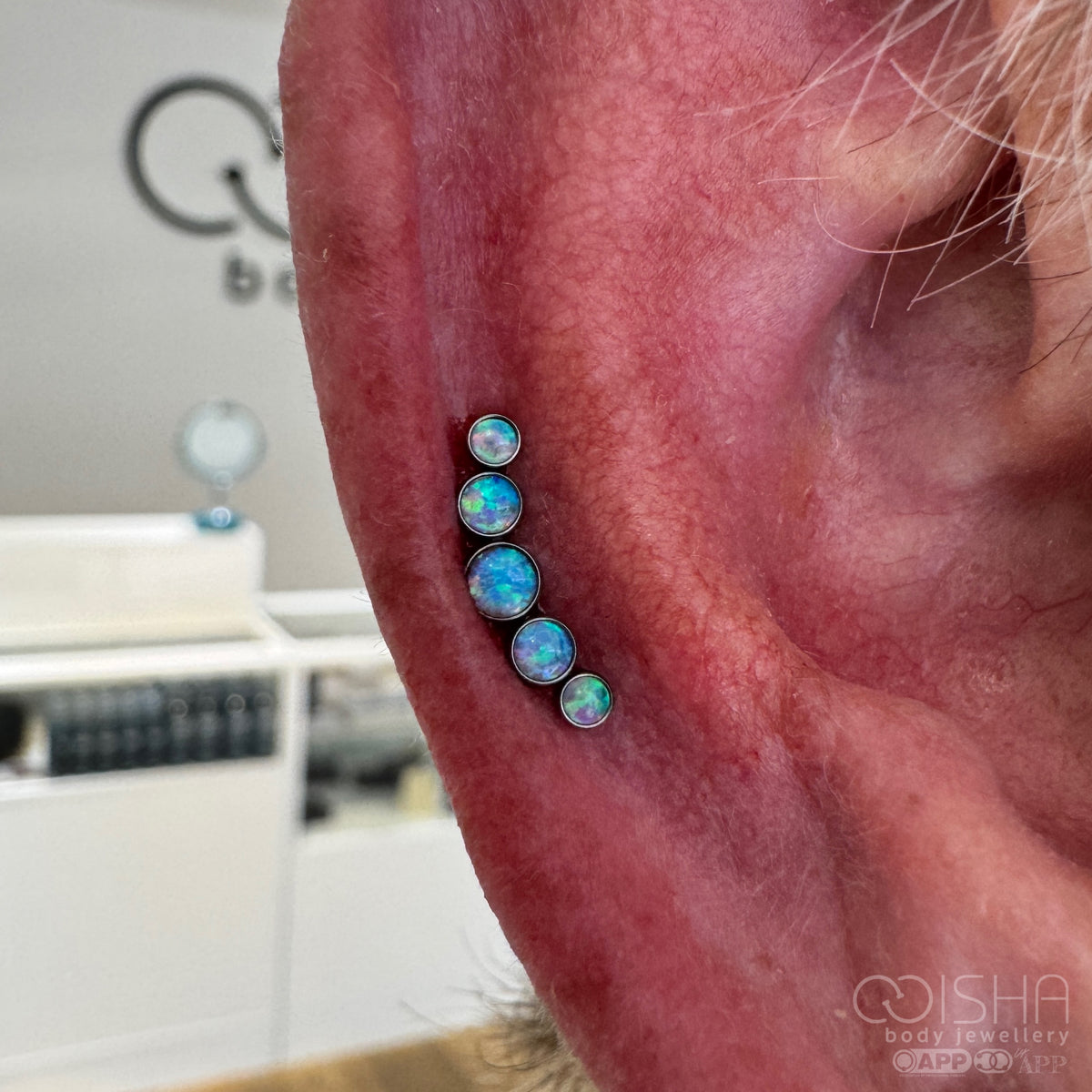 NeoMetal 5-Gem Light Blue Opal Curved Cluster End