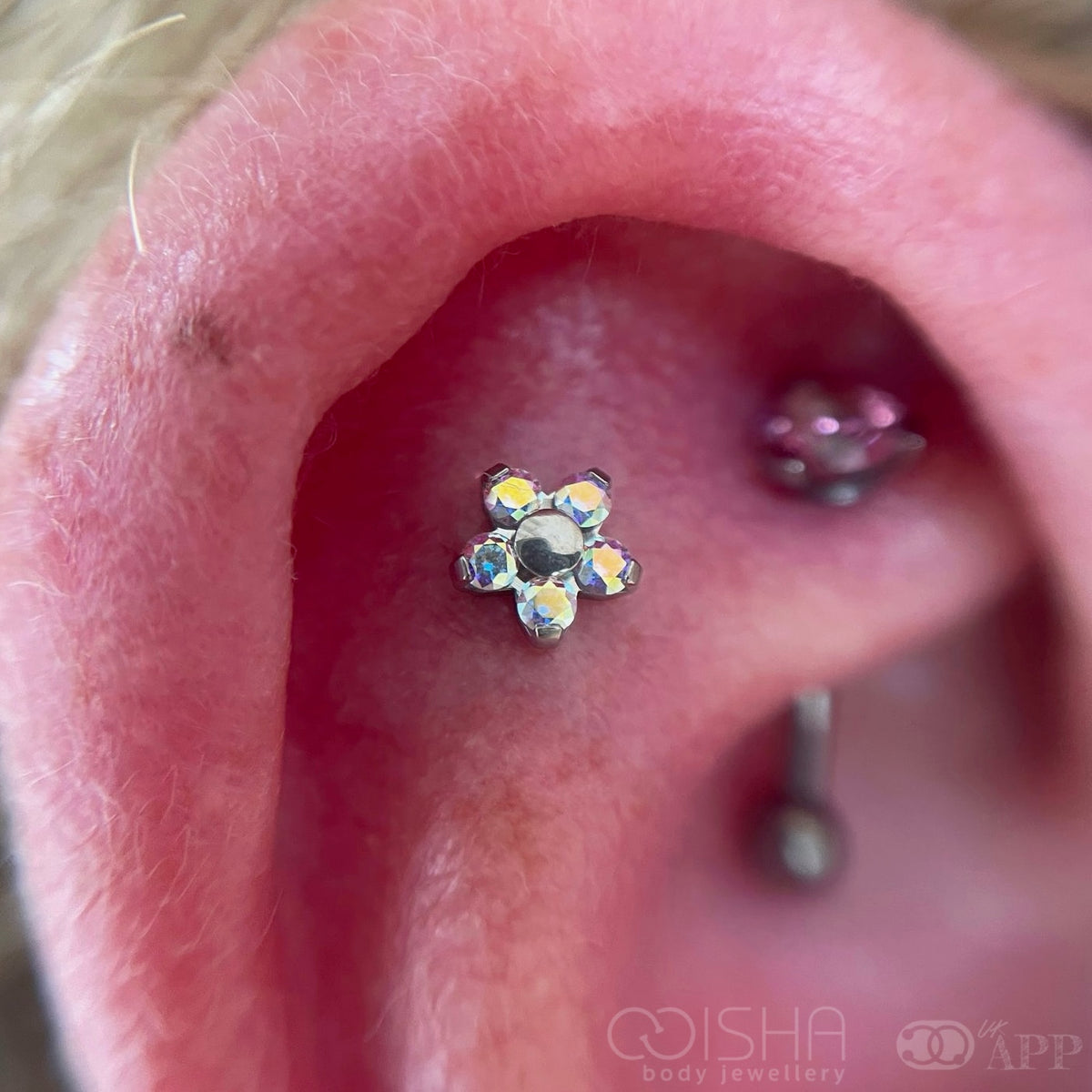 NeoMetal Aurora Borealis CZ Flower End THREADLESS