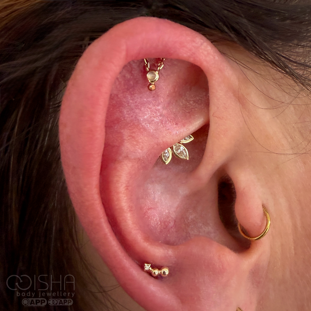 Close-up of a person's ear showcasing multiple gold body jewelry piercings, including a hoop in the cartilage, a leaf cluster in the helix, a small cluster in the lobe, and a small top cartilage stud. The brand name 'QISHA body jewellery' is visible as a watermark in the bottom-left corner.