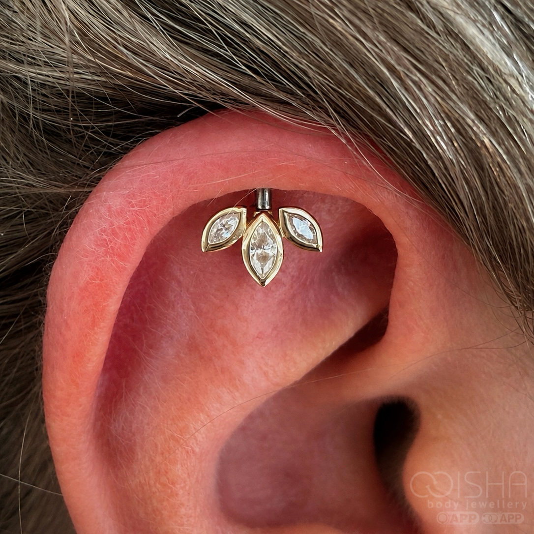 A close-up of a gold ear cuff on a person's ear lobe, featuring three marquise-cut clear gemstones in a gold setting. Fine gray hair is visible around the ear, and a 'COISHA body jewellery' watermark is in the bottom right corner.
