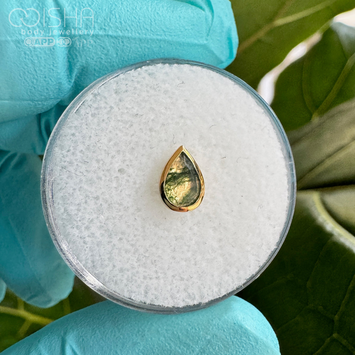 Teardrop-shaped gemstone in a gold setting on a white cushion, held by a person wearing teal gloves with a blurred green plant background.