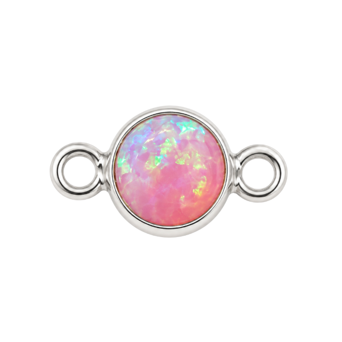 A silver-toned jewelry finding featuring a round pink opal cabochon with iridescent flashes, flanked by two small side loops, shown on a plain white background.