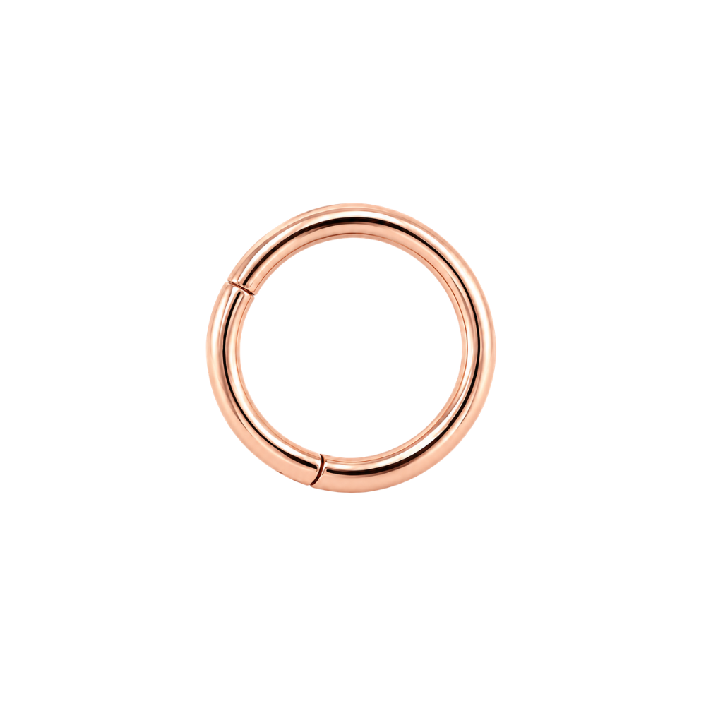 A single rose gold circular hoop earring with a small seam detail, shown on a plain white background.