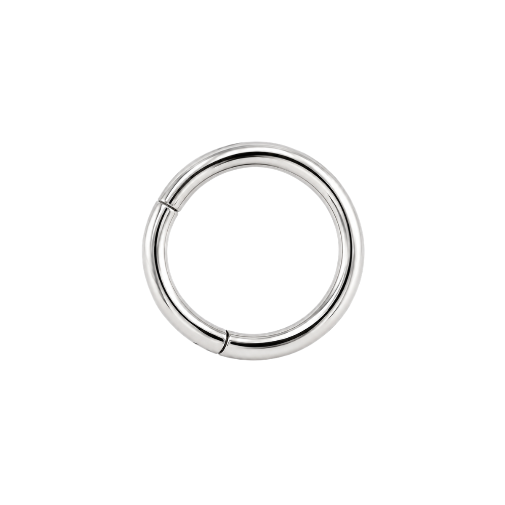 A polished silver-tone metal circular ring with a small hinge seam, shown on a plain white background.