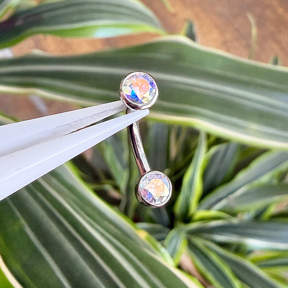 Industrial Strength Titanium Mini Bezel Set Aurora CZ Curved Barbell