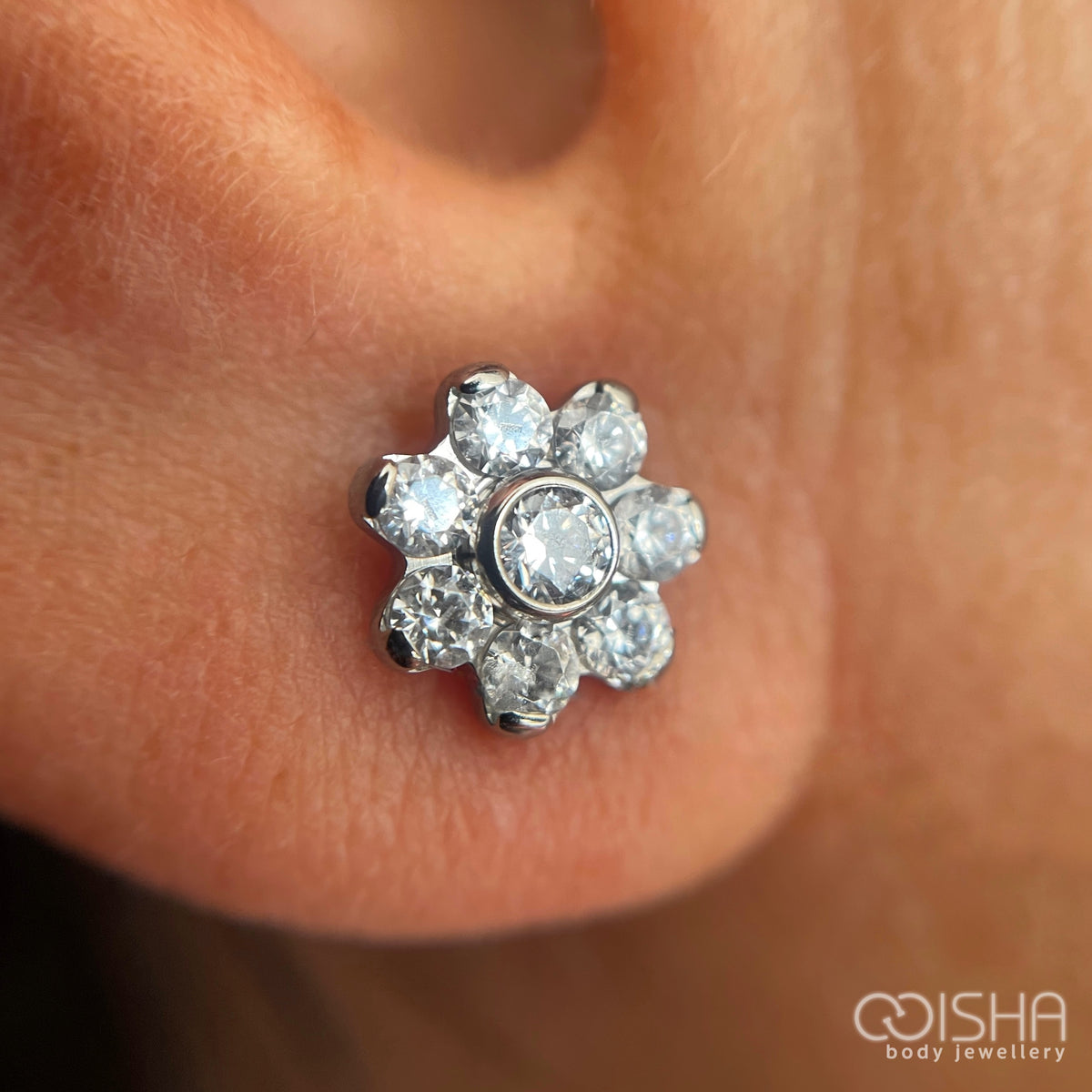 Industrial Strength Titanium &amp; White CZ Flower End with 7 Petals